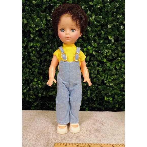 Other - Vintage Plastic Doll Blue Overalls Yellow Shirt Blue Eyes Curly Hair Hong Kong